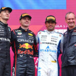 Race winner Max Verstappen, Red Bull Racing, Second placed George Russell, Mercedes AMG Petronas F1 Team, Third placed Carlos Sainz, Williams and Paul Monaghan, Head of Car Engineering of Red Bull Racing, on the podium after the 2025 F1 Azerbaijan Grand Prix.