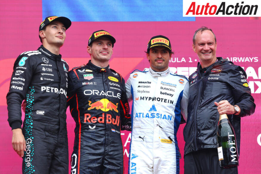 Race winner Max Verstappen, Red Bull Racing, Second placed George Russell, Mercedes AMG Petronas F1 Team, Third placed Carlos Sainz, Williams and Paul Monaghan, Head of Car Engineering of Red Bull Racing, on the podium after the 2025 F1 Azerbaijan Grand Prix.