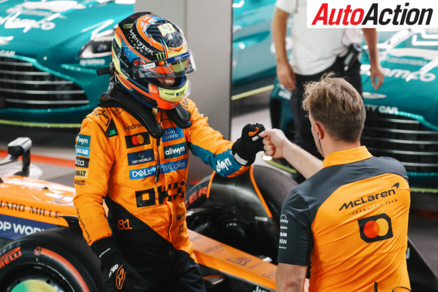 Oscar Piastri, McLaren, celebrates P3 result after Qualifying at the 2025 F1 Singapore Grand Prix.