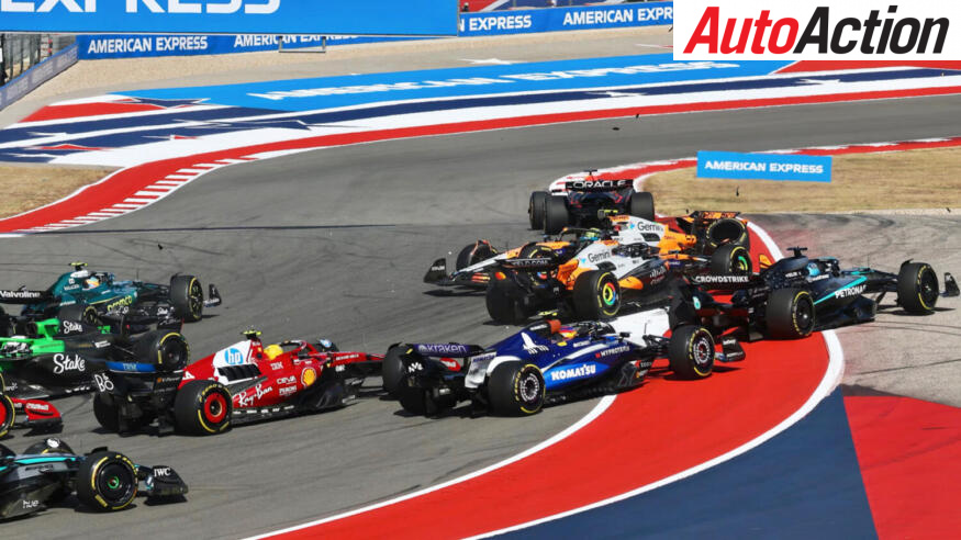 Oscar Piastri and Lando Norris, McLaren, collide at the start of the 2026 F1 United States Grand Prix Sprint race.