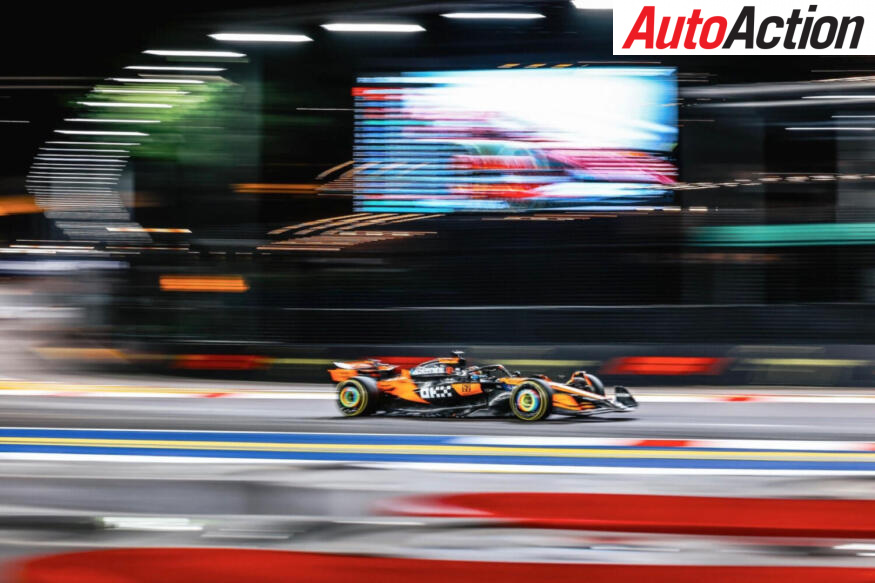 Oscar Piastri, McLaren, drives on track during FP2 at the 2025 F1 Singapore Grand Prix.