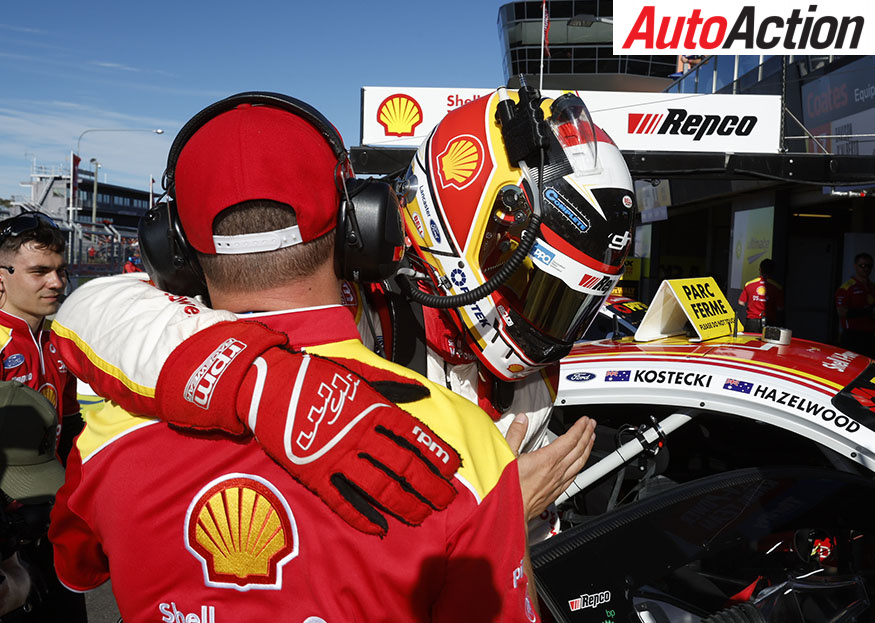 Brodie Kostecki hushg Todd Hazelwood after topping qualifying for the 2025 Bathurst 1000.