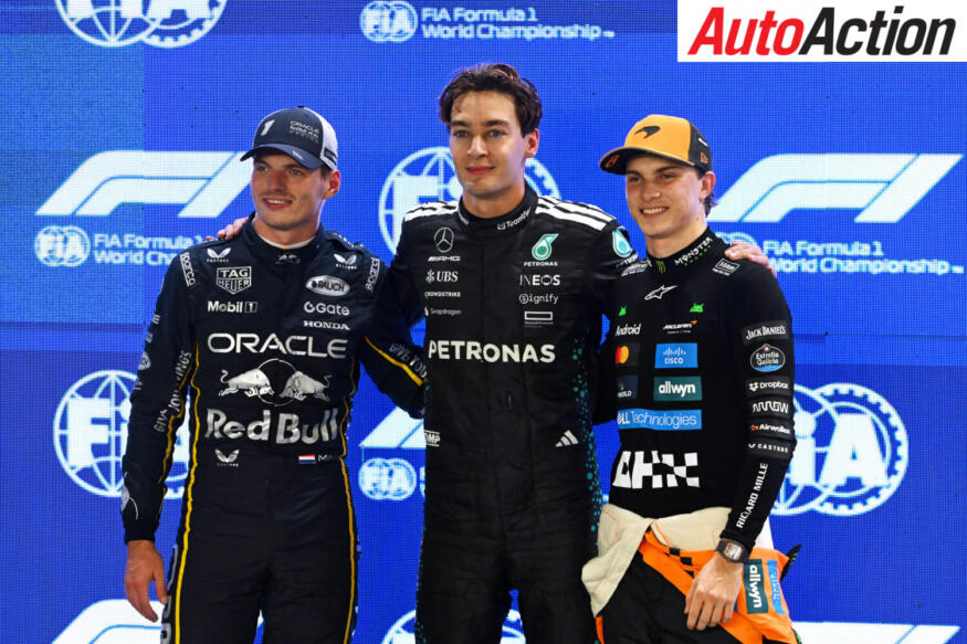 Pole position qualifier George Russell, Mercedes AMG Petronas F1 Team, second placed qualifier Max Verstappen, Oracle Red Bull Racing, and third placed qualifier Oscar Piastri, McLaren, look on after qualifying ahead of the 2025 F1 Singapore Grand Prix.