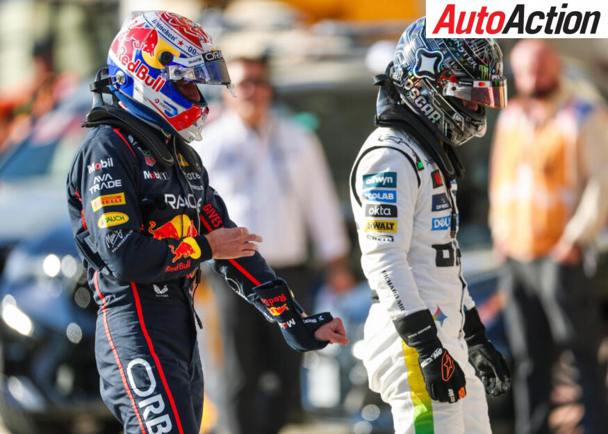 Sprint Pole qualifier Max Verstappen, Oracle Red Bull Racing, and Sprint 3rd qualifier Oscar Piastri, McLaren, in parc ferme after Sprint Qualifying ahead of the 2026 F1 United States Grand Prix.