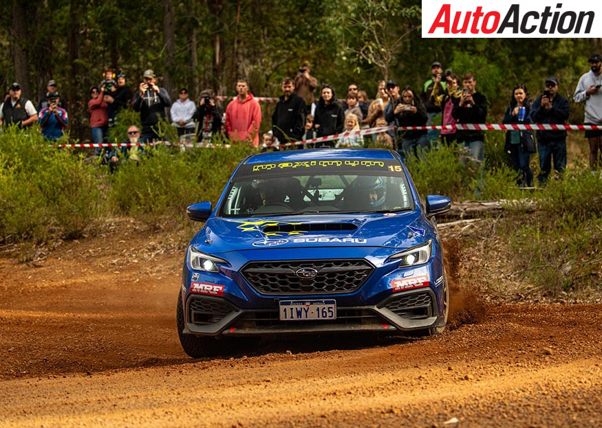 Toby Price and Ben Searcy driving their Subaru WRX through a forest stage in Western Australia