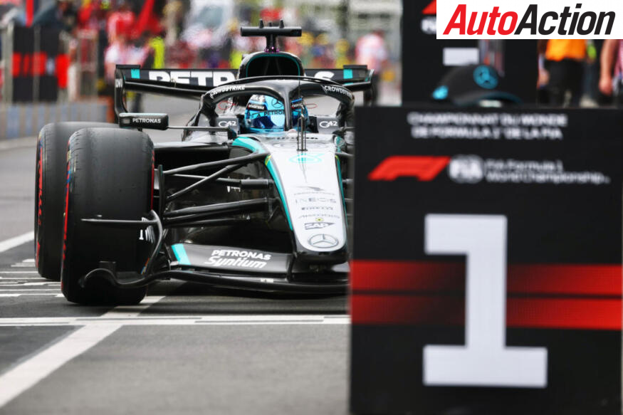 George Russell, Mercedes AMG Petronas Formula One team, pulls into Parc Ferme after securing pole position for the 2026 F1 Canadian Grand Prix.