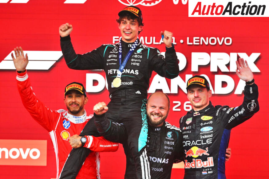 Lewis Hamilton, Scuderia Ferrari, and Max Verstappen, Red Bull Racing, hoist race winner, Kimi Antonelli, Mercedes, on their shoulders on the podium at the 2026 F1 Canadian Grand Prix.
